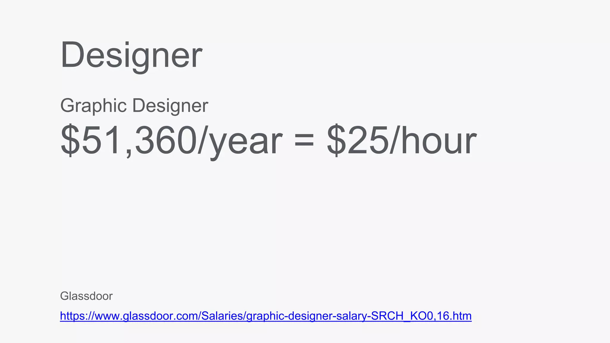 Designer
Graphic Designer
$51,360/year = $25/hour
Glassdoor
https://www.glassdoor.com/Salaries/graphic-designer-salary-SRCH_KO0,16.htm
 