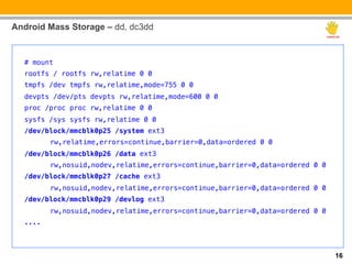 Android Mass Storage – dd, dc3dd


  # mount!
  rootfs / rootfs rw,relatime 0 0!
  tmpfs /dev tmpfs rw,relatime,mode=755 0 0!
  devpts /dev/pts devpts rw,relatime,mode=600 0 0!
  proc /proc proc rw,relatime 0 0!
  sysfs /sys sysfs rw,relatime 0 0!
  /dev/block/mmcblk0p25 /system ext3 !
          "rw,relatime,errors=continue,barrier=0,data=ordered 0 0!
  /dev/block/mmcblk0p26 /data ext3 !
          "rw,nosuid,nodev,relatime,errors=continue,barrier=0,data=ordered 0 0!
  /dev/block/mmcblk0p27 /cache ext3!
          "rw,nosuid,nodev,relatime,errors=continue,barrier=0,data=ordered 0 0!
  /dev/block/mmcblk0p29 /devlog ext3!
          "rw,nosuid,nodev,relatime,errors=continue,barrier=0,data=ordered 0 0!
  ....!



                                                                                  16
 