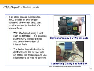 JTAG, Chip-off – The last resorts



  •  If all other access methods fail,
     JTAG access or chip-off (de-
     soldering of the flash chip) can
     provide access to the device’s
     internal flash:

      •  With JTAG (and using a tool
         such as Riff-Box) – it is possible
         put the CPU in debug mode              Samsung Galaxy S JTAG pin-outs
         and dump the content of
         internal flash

      •  The last option which often is
         destructive to the device, is to
         un-solder the flash chip and use
         special tools to read its content

                                                  Connecting Galaxy S to Riff-Box
                                              Source: http://www.bongozone.com/jtag-service-i9000-unbrick-others/

                                                                                                                    18
 
