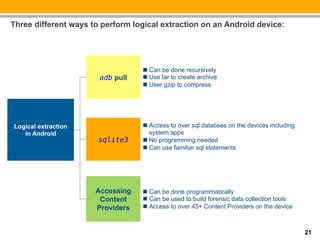 Three different ways to perform logical extraction on an Android device:




                                  n  Can be done recursively
                       adb pull   n  Use tar to create archive
                                  n  User gzip to compress




Logical extraction                n  Access to over sql databses on the devices including
   in Android                         system apps
                       sqlite3!   n  No programming needed
                                  n  Can use familiar sql statements




                      Accessing   n  Can be done programmatically
                       Content    n  Can be used to build forensic data collection tools
                      Providers   n  Access to over 45+ Content Providers on the device



                                                                                             21
 