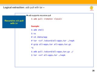 Logical extraction: adb pull with tar –


                      n  adb supports recursive pull
                            $ adb pull <remote> <local>!
 Recursive adb pull
      with tar              !
                            Example:
                            $ adb shell !
                            $ su!
                            # cd /data/app!
                            # tar -cvf /sdcard/all-apps.tar ./*apk!
                            # gzip all-apps.tar all-apps.tar.gz!
                            ^C!
                            $ adb pull /sdcard/all-apps.tar.gz ./!
                            $ tar -xvf all-apps.tar ./*apk!
                            !




                                                                      26
 