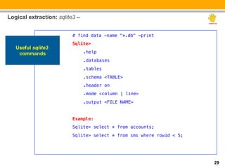 Logical extraction: sqlite3 –


                          # find data -name "*.db" -print!
                          Sqlite> !
   Useful sqlite3
    commands                    ".help!
                                ".databases!
                                ".tables!
                                ".schema <TABLE>!
                                ".header on!
                                ".mode <column | line>!
                                ".output <FILE NAME>!
                          !
                          Example:!
                          Sqlite> select * from accounts;!
                          Sqlite> select * from sms where rowid < 5;!
                          !
                          !

                                                                        29
 