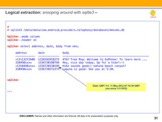 Logical extraction: snooping around with sqlite3 –

 !
 #!
 # sqlite3 /data/data/com.android.providers.telephony/databases/mmssms.db!
 !
 Sqlite> .mode column!
 sqlite> .header on!
 !
 sqlite> select address, date, body from sms;!
 !
         address             date                    body                                                                          !
         ------------        -------------           -----------------------------------------------------!
         +11113272608        1336592918275           AT&T Free Msg: Welcome to GoPhone! To learn more ...
         310498xxxx          1336720180796           Hey, nice day today. Up for a hike?:-)                                        !
         +1310498xxxx        1336720230196           Hike sounds good:) kahuna beach canyon?                                       !
         310498xxxx          1336720272373           Laguna is good. See you at 5:30.                                              !

 !
 sqlite>

                                                                                   Date: GMT: Fri, 11 May 2012 07:10:30 GMT
                                                                                              (ms since 1/1/1970)
 ... !




           DISCLAIMER: Names and other information are fictional .All data is for presentation purposes only.
                                                                                                                              31
 