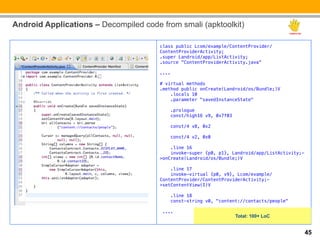 Android Applications – Decompiled code from smali (apktoolkit)

!                                      class public Lcom/example/ContentProvider/
                                       ContentProviderActivity;!
                                       .super Landroid/app/ListActivity;!
!                                      .source "ContentProviderActivity.java”!
                                       !
!                                      ....!
                                       !
                                       # virtual methods!
                                       .method public onCreate(Landroid/os/Bundle;)V!
                                           .locals 10!
                                           .parameter "savedInstanceState"!
                                       !
                                              .prologue!
                                              const/high16 v9, 0x7f03!
                                       !
                                              const/4 v8, 0x2!
                                       !
                                              const/4 v2, 0x0!
                                       !
                                           .line 16!
                                           invoke-super {p0, p1}, Landroid/app/ListActivity;-
                                       >onCreate(Landroid/os/Bundle;)V!
                                       !
                                           .line 17!
                                           invoke-virtual {p0, v9}, Lcom/example/
                                       ContentProvider/ContentProviderActivity;-
                                       >setContentView(I)V!
                                       !
                                              .line 18!
                                              const-string v0, "content://contacts/people"!
                                       !
                                           ....!
                                                                         Total: 100+ LoC


                                                                                                45
 