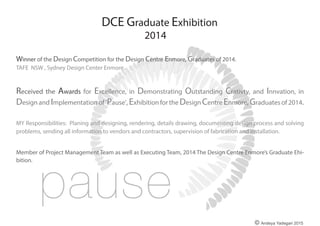 © Andeya Yadegari 2016
3-Level Commercial Building
Sydney, Australia, 2016-2015
Role:
•	 Meeting with clients
•	 floor plan, elevations, sections, reflective ceiling, Details
and Joinery design details
•	 Interior design, & furniture design, materials selection
•	 3D modelling and Visualising with Revit
•	 Preparing design presentations for client meetings
Entry area- Ground FloorReception area
Library
 