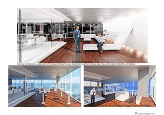 Hub Office has 4 zones and here is one of
them.
zone one: working station, meeting room and caffe
area
Place is at level 21 in a glass high rise building lo-
cated in a Chatswood.
My final design is simple, elegant and empty from
decorative stools.
Its Open space and avoiding inner walls, to en-
gage people, they can easily move around, talking
and sharing information, having coffee that makes
them active and vibrant.
Section, A-A
Section, B-B
Section, C-C
A
B
CC
A
B
Floor plan, not to scale
©Andeya Yadegari 2016
 