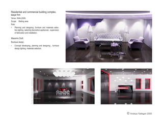 Design Company’s stand, The Medex and Hofex
International exhibition.
Tehran, Iran.(2005-2009)
•	 Designing a temporary mobile exhibition platform with 5
days to one week life, ability to be installed in less than a
24 hours.
•	 Stand and furniture design applying Multistyle materials
to demonstrate variety of Multistyle usage as well as
varieties and choices.
© Andeya Yadegari 2005
 