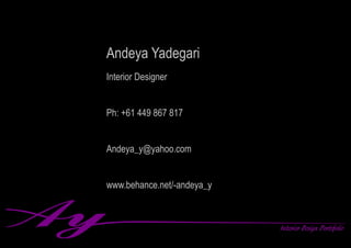 Residential and commercial building complex.
Tehran, IRAN.(2009)
Scope: Exterior and lobby design,
Role:
•	 Concept developing, designing and supervision of built
and construction.
•	 Designing northern and southern facades, Selecting
materials and finishes for interior and exterior , such as
3D-form gypsum panel- eco-friendly, flooring, wall cover-
ing, LED lighting and star ceiling panels, counter design
and furniture selection, etc.
Tools:3DMax-Vray,Indesign.
© Andeya Yadegari 2009
 