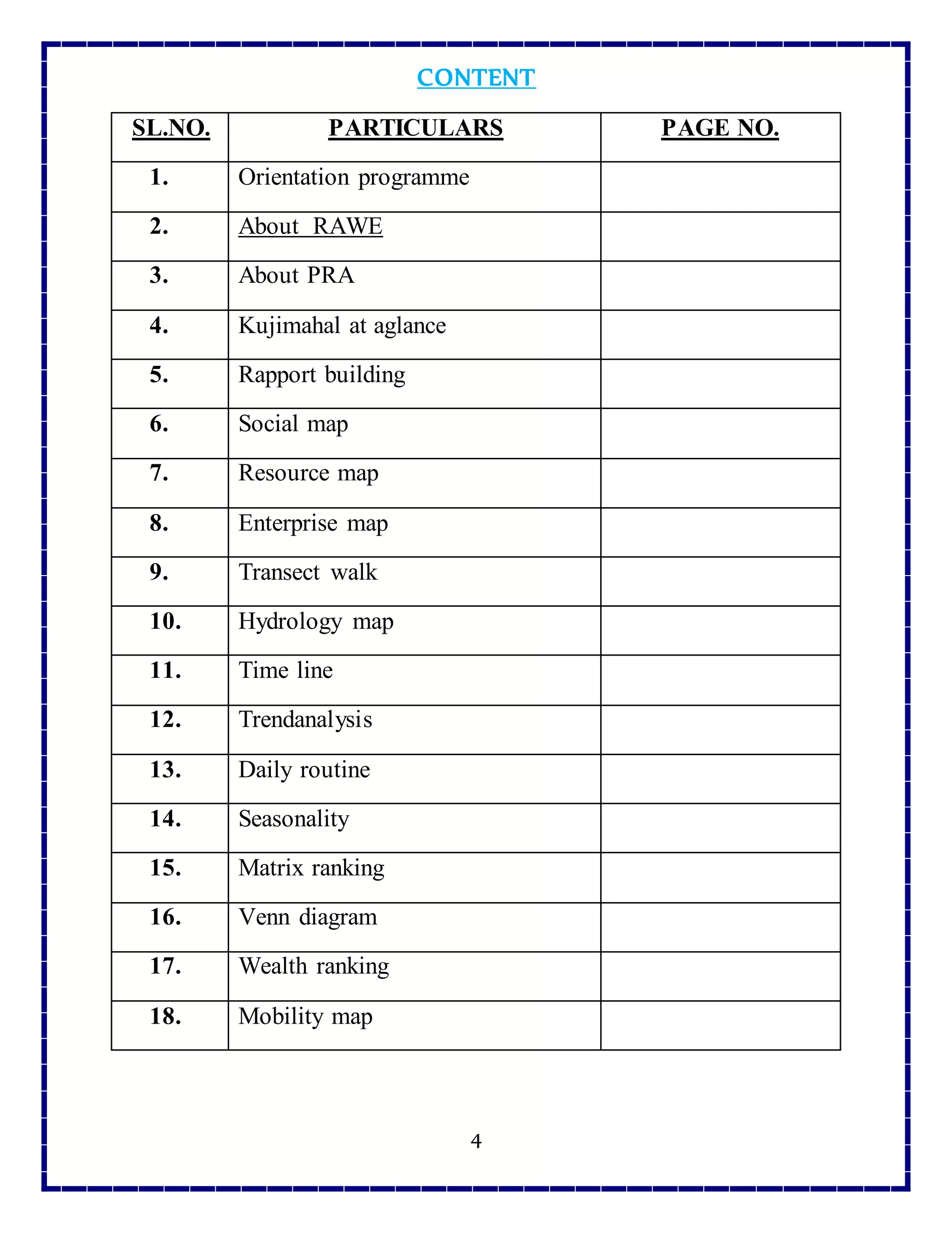 4
CONTENT
SL.NO. PARTICULARS PAGE NO.
1. Orientation programme
2. About RAWE
3. About PRA
4. Kujimahal at aglance
5. Rapport building
6. Social map
7. Resource map
8. Enterprise map
9. Transect walk
10. Hydrology map
11. Time line
12. Trendanalysis
13. Daily routine
14. Seasonality
15. Matrix ranking
16. Venn diagram
17. Wealth ranking
18. Mobility map
 