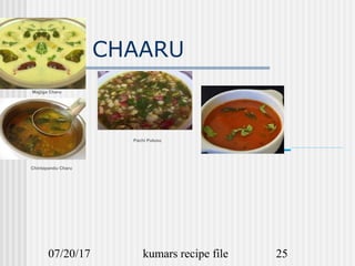 07/20/17 kumars recipe file 25
CHAARU
Pachi Pulusu
Majjiga Charu
Chintapandu Charu
 