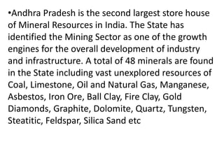 •Andhra Pradesh is the second largest store house
of Mineral Resources in India. The State has
identified the Mining Sector as one of the growth
engines for the overall development of industry
and infrastructure. A total of 48 minerals are found
in the State including vast unexplored resources of
Coal, Limestone, Oil and Natural Gas, Manganese,
Asbestos, Iron Ore, Ball Clay, Fire Clay, Gold
Diamonds, Graphite, Dolomite, Quartz, Tungsten,
Steatitic, Feldspar, Silica Sand etc
 