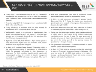 For updated information, please visit www.ibef.orgAndhra Pradesh40
KEY INDUSTRIES – IT AND IT-ENABLED SERVICES …
(1/4)
 During 2016-17 (upto September 2016), the total IT & ITeS exports
form the state were recorded to be US$ 34.07 million. The state also
holds a noteworthy share in providing the IT employees throughout
the globe.
 As per the budget 2017-18, the state government has allocated US$
56.50 million to the IT sector.
 During 2015-16 (up to November 2015), the state recorded the
establishment of 110 IT companies & 156 start-ups.
 Madhurawada, located in the north-east of Visakhapatnam, has
already been developed as an IT hub. Various IT firms have been
allocated land in this area to develop & start their operations while
few of them are already operational.
 Big brands such as IBM, Tech Mahindra & Wipro already operate in
Vizag. Moreover the city has close to 3 universities which produce
more than 35,000 IT graduates every year.
 In March 2017, the Indian Space Research Organization (ISRO) &
the state government signed 3 Memorandum of Understanding
(MoU), for geospatial technologies in state development &
governance. The MoUs have been signed to provide experimental
meteorological services, for provision of disaster management
services & the use of ISRO technologies to keep track of the natural
resources of water.
 Apart from Visakhapatnam, cities such as Vijayawada, Tirupati,
Kakinada & Anantapur will also be developed into IT hubs.
 In 2014, the state government articulated 2 policies, namely,
Electronics Policy & IT Policy, for drawing more investments,
providing jobs to the people & enhancing ease of doing business in
the state, during 2014-2020.
 Formulation of Electronics Policy & IT Policy in the state led to inflow
of investment proposals worth US$ 577 million, during 2015-16.
 Further, the state government has set a target to attract investment
of US$ 2 billion in the IT sector & US$ 5 billion in electronics
manufacturing over the next 5 years. The state government is
targeting to increase its share in the country’s software exports to 5
per cent in the coming years & is also planning increase the
penetration of e-literacy in the state.
 The government has appointed a 13-member committee to digitise
payment systems & promote transparency.
 In March 2017, HCL signed an agreement with the state government
to open an IT training & development centre in Vijayawada. HCL
aims hire, employ & train 5,000 local residents in the region to
leverage a gender equal workforce. The aim is to develop innovative
high-end technologies for global clients.
Source: Andhra Pradesh IT department, News articles, State Budget 2016-17
 