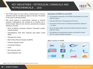 For updated information, please visit www.ibef.orgAndhra Pradesh53
KEY INDUSTRIES – PETROLEUM, CHEMICALS AND
PETROCHEMICALS … (2/2)
 The PCPIR project will boost refining, petrochemicals & chemical
industries & also the manufacturing sectors in the state. The location
for the project is still being decided.
 With strong presence of petrochemical, petroleum & chemical
industries, Visakhapatnam has emerged as an industrial hub in
Andhra Pradesh. Below are the chemical, petrochemical companies
operating in the state-
• HPCL Oil Refinery (Hindustan Petroleum Corporation Limited)-
Vishakha Refinery
• Vishakhapatnam Steel Plant- Rashtriya Ispat Nigam Limited
(RINL)
• Hindustan Zinc Limited
• Bharat Heavy Plate and Vessels Ltd (BHPV)
• Hindustan Shipyard Limited
• Coramandel Fertilisers
• NTPC
• Rain Calcining Limited
• Essar Pelletisation Plan
Major investors in PCPIR
Source: Andhra Pradesh PCPIR MMTPA: Million Metric Tonnes Per Annum
Key features of PCPIR- As of June 2017
 The projected investments in the PCPIR are estimated to be around
US$ 53.24 billion
 Total area 640 sq km; Processing area 270 sq km
 The project is said to have an employment generation capacity of
1.19 million
 As per the latest update, the total committed investments stood at
US$ 28.97 billion
 The petroleum and petrochemical sector accounted for around
28.01% of total committed investment.
 