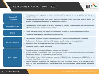 For updated information, please visit www.ibef.orgAndhra Pradesh6
REORGANISATION ACT, 2014 … (2/2)
 The Government of India shall take steps to establish institutions of national importance in the newly formed state.
 The Government of India shall establish an AIIMS-type super-specialty hospital-cum-teaching institution.
 Admissions in higher, technical & medical education would be common for 10 years.
 Quotas under article 371-D would also continue.
Higher Education
 2 separate boards would be created by the central government for Krishna & Godavari Rivers to look after administration,
regulation, maintenance & operation of notified projects.
Water Resources
 Existing PPAs would continue; units of APGENCO and assets of APTRANSCO would be divided based on location.
 Central power would be allotted on actual energy consumption trend.
Energy
 Central Government to provide financial support for creation of a new capital.
 An expert committee to be constituted by the central government to study various alternatives & make a recommendation
within 6 months. However, the new capital city would be Amaravati.
 The World Bank, Housing & Urban Development Corporation (HUDCO) & Andhra Bank, sanctioned US$2.61 billion for the
construction of capital city of Amaravati.
 The state government is planning to build a new world class capital city, Amravati, on a 217 sq km open area in Guntur
district. The city is being designed with 10 per cent water bodies and 51 per cent green spaces, along with several iconic
buildings.
New Capital
 For central government employees, an advisory committee would be appointed to draw up guidelines and take up the
allocation exercise.
 For state government employees, district, zonal & multi-zonal cadres falling in one of the successor states are deemed to be
allotted to that state; else employees would be allocated based on options.
Services of
Employees
 