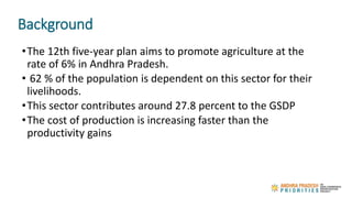 Background
•The 12th five-year plan aims to promote agriculture at the
rate of 6% in Andhra Pradesh.
• 62 % of the populat...