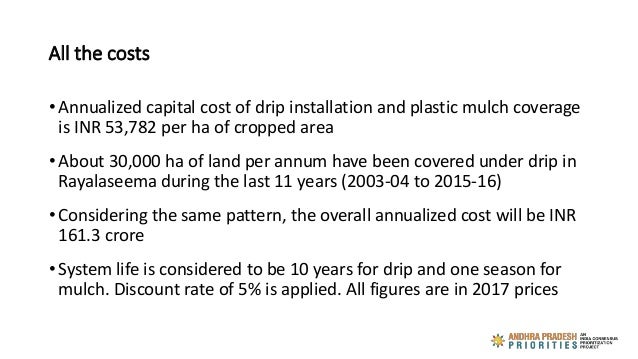 All the costs
• Annualized capital cost of drip installation and plastic mulch coverage
is INR 53,782 per ha of cropped ar...