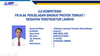 UJI KOMPETENSI
FR.IA.04. PENJELASAN SINGKAT PROYEK TERKAIT /
KEGIATAN TERSTRUKTUR LAINNYA
Skema Sertifikasi : Pelaksana Lapangan Pekerjaan Gedung Madya
Kualifikasi : Jenjang 5
Nama Asesi : ANDI ABDUL AZIZ
NIK Asesi : 3509212312740002
Tgl. Asesmen : 21-10-2023
TUK : ASTEKINDO JEMBER
Nama Asesor : 1.
2.
 