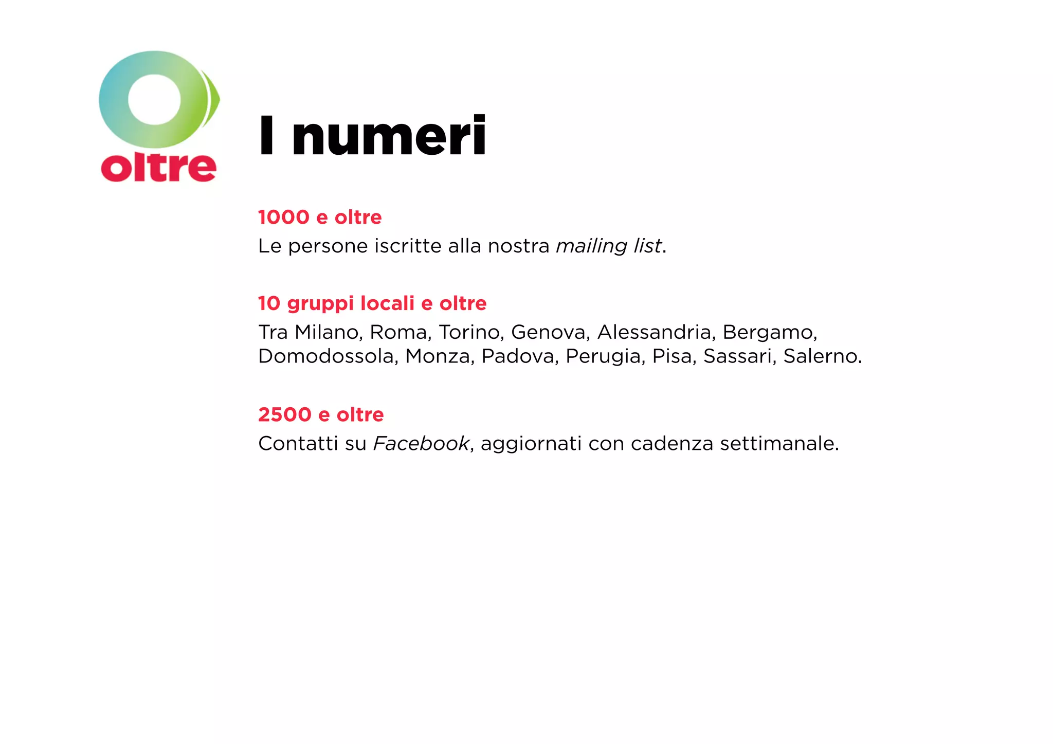 I numeri
1000 e oltre
Le persone iscritte alla nostra mailing list.

10 gruppi locali e oltre
Tra Milano, Roma, Torino, Genova, Alessandria, Bergamo,
Domodossola, Monza, Padova, Perugia, Pisa, Sassari, Salerno.

2500 e oltre
Contatti su Facebook, aggiornati con cadenza settimanale.
 