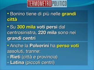• Bonino tiene di più nelleBonino tiene di più nelle grandigrandi
cittàcittà
• SuSu 300 mila300 mila voti persivoti persi daldal
centrosinistra,centrosinistra, 220 mila220 mila sono neisono nei
grandi centrigrandi centri
• Anche laAnche la PolveriniPolverini haha perso votiperso voti
assoluti, tranne:assoluti, tranne:
- RietiRieti (città e provincia)(città e provincia)
- LatinaLatina (piccoli centri)(piccoli centri)
 