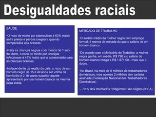 Desigualdades raciais  SAÚDE O risco de morte por tuberculose é 63% maior entre pretos e pardos (negros), quando comparados aos brancos. Para as crianças negras com menos de 1 ano de idade, o risco de morte por doenças infecciosas é 43% maior que o apresentado para as crianças brancas. Independente da região do país, o risco de um homem negro de 15 a 49 anos ser vítima de homicídio é 2,18 vezes superior àquele apresentado por um homem branco na mesma faixa etária. MERCADO DE TRABALHO O salário médio da mulher negra com emprego formal, é menos da metade do que o salário de um homem branco.  De acordo com o Ministério do Trabalho, a mulher negra ganha, em média, R$ 790 e o salário do homem branco chega a R$ 1.671,00 - mais que o dobro. No Brasil, há mais de 8 milhões de trabalhadoras domésticas, mas apenas 2 milhões tem carteira assinada (Federação Nacional dos Trabalhadores Domésticos) - 70 % dos chamados “indigentes” são negros (IPEA) 