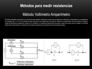 Método Voltímetro Amperímetro
El método voltímetro amperímetro es una técnica para medidor resistencias cuando solo se dispone de voltímetros y amperímetros y es satisfactoria
una exactitud del 1 ó 2 %. Una corriente se pasa a través de una resistencia y se mide por medio de un amperímetro. Al mismo tiempo el voltaje a
través del elemento se registra por medio de un voltímetro. La resistencia desconocida se calcula a partir de la razón entre el voltaje y la corriente
leídos de los instrumentos. La exactitud de la medición depende de la exactitud de los instrumentos usados.
Métodos para medir resistencias
 