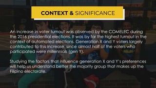 An increase in voter turnout was observed by the COMELEC during
the 2016 presidential elections. It was by far the highest turnout in the
context of automated elections. Generation X and Y voters largely
contributed to this increase, since almost half of the voters who
participated were millennials (gen Y).
Studying the factors that influence generation X and Y’s preferences
will help us understand better the majority group that makes up the
Filipino electorate.
CONTEXT & SIGNIFICANCE
 