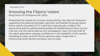 Knowing the Filipino Voters
Bong Osorio for Philippine Star (2015).
Presented the results of a survey conducted by Vox Opinion Research
regarding the political attitudes, opinions, and beliefs of young voters.
Some results included: (1) TV is still the most popular medium for
advocating ads for political personalities (2) Readership of news via the
internet is at the same level as the newspapers’ reach (3) Only half of
the adult population express confidence in the reliability of the results
of polling surveys, and (4) Family opinions play a large role in
influencing other family members who to vote.
Newspaper article
 