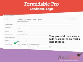 Formidable Pro
Conditional Logic
Very powerful…can show or
hide fields based on what a
user chooses.
 