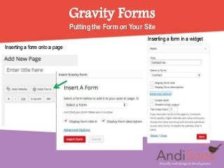 Gravity Forms
Inserting a form onto a page
Inserting a form in a widget
Putting the Form on Your Site
 