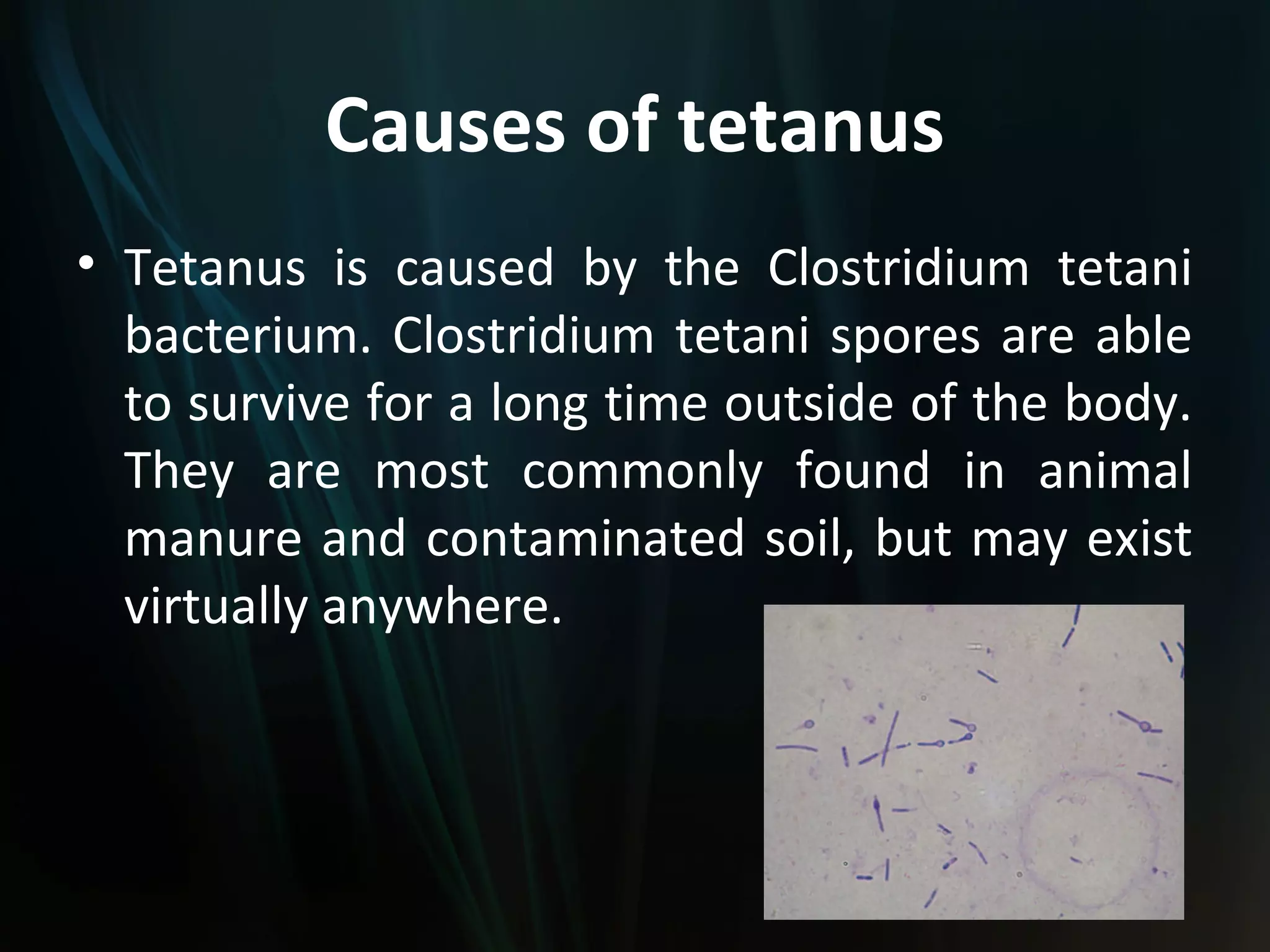 Causes of tetanus
• Tetanus is caused by the Clostridium tetani
  bacterium. Clostridium tetani spores are able
  to survive for a long time outside of the body.
  They are most commonly found in animal
  manure and contaminated soil, but may exist
  virtually anywhere.
 