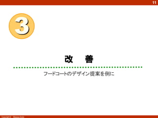 11




              3
                                改    善
                            フードコートのデザイン提案を例に




Copyright ©   Masaya Ando
 