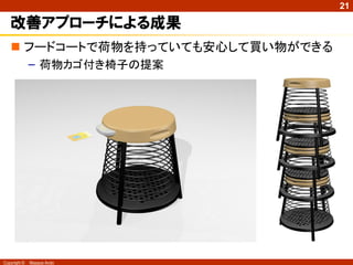 21

   改善アプローチによる成果
    フードコートで荷物を持っていても安心して買い物ができる
              – 荷物カゴ付き椅子の提案




Copyright ©   Masaya Ando
 