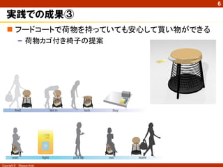 6

   実践での成果③
    フードコートで荷物を持っていても安心して買い物ができる
              – 荷物カゴ付き椅子の提案




Copyright ©   Masaya Ando
 