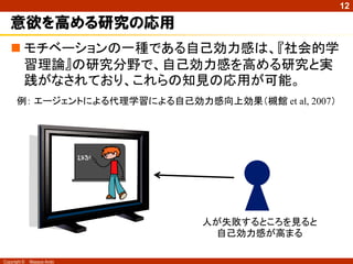 12

   意欲を高める研究の応用
    モチベーションの一種である自己効力感は、『社会的学
     習理論』の研究分野で、自己効力感を高める研究と実
     践がなされており、これらの知見の応用が可能。
      例： エージェントによる代理学習による自己効力感向上効果（槻館 et al, 2007）




                               人が失敗するところを見ると
                                自己効力感が高まる

Copyright ©   Masaya Ando
 