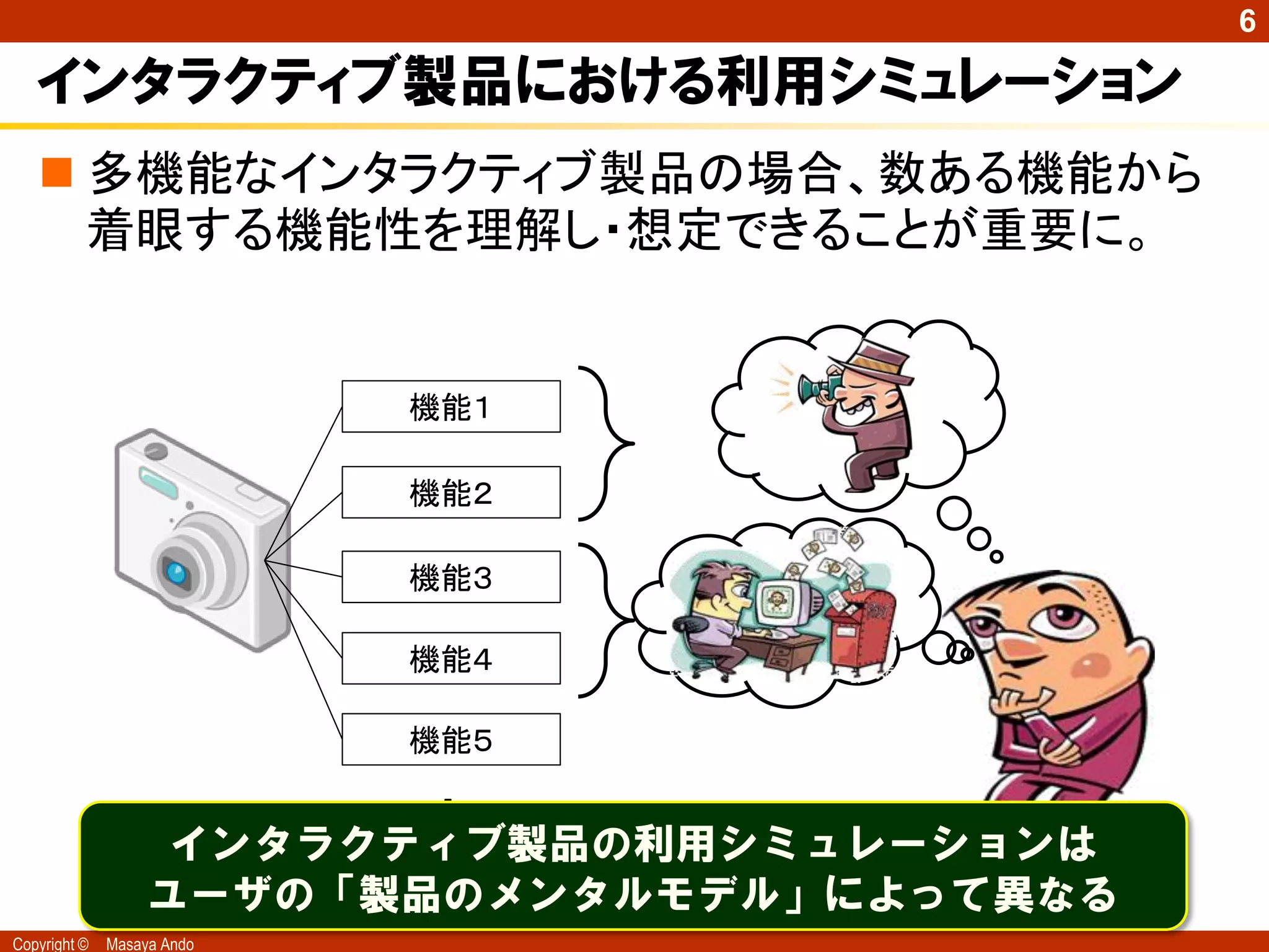 6

   インタラクティブ製品における利用シミュレーション
    多機能なインタラクティブ製品の場合、数ある機能から
     着眼する機能性を理解し・想定できることが重要に。


                            機能１

                            機能２

                            機能３

                            機能４

                            機能５

                           ・
                           ・
                     インタラクティブ製品の利用シミュレーションは
                           ・
                   ユーザの「製品のメンタルモデル」によって異なる
Copyright ©   Masaya Ando
 