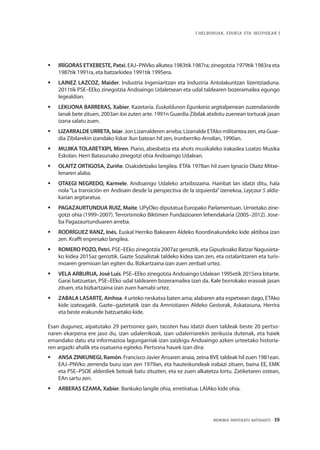 MEMORIA PARTEKATU BATERANTZ · 19
| HELBURUAK, EDUKIA ETA IRIZPIDEAK |
ƒƒ IRÍGORAS ETXEBESTE, Patxi. EAJ–PNVko alkatea 1983tik 1987ra; zinegotzia 1979tik 1983ra eta
1987tik 1991ra, eta batzarkidea 1991tik 1995era.
ƒƒ LAINEZ LAZCOZ, Maider. Industria Ingeniaritzan eta Industria Antolakuntzan lizentziaduna.
2011tik PSE–EEko zinegotzia Andoaingo Udaletxean eta udal taldearen bozeramailea egungo
legealdian.
ƒƒ LEKUONA BARRERAS, Xabier. Kazetaria. Euskaldunon Egunkaria argitalpenean zuzendariorde
lanak bete zituen, 2003an itxi zuten arte. 1991n Guardia Zibilak atxilotu zuenean torturak jasan
izana salatu zuen.
ƒƒ LIZARRALDE URRETA, Ixiar. Jon Lizarralderen arreba; Lizarralde ETAko militantea zen, eta Guar-
dia Zibilarekin izandako liskar ilun batean hil zen, Irunberriko Arroilan, 1990an.
ƒƒ MUJIKA TOLARETXIPI, Miren. Piano, abesbatza eta ahots musikaleko irakaslea Loatzo Musika
Eskolan. Herri Batasunako zinegotzi ohia Andoaingo Udalean.
ƒƒ OLAITZ ORTIGOSA, Zuriñe. Osakidetzako langilea. ETAk 1978an hil zuen Ignacio Olaitz Mitxe-
lenaren alaba.
ƒƒ OTAEGI NEGREDO, Karmele. Andoaingo Udaleko artxibozaina. Hainbat lan idatzi ditu, hala
nola “La transición en Andoain desde la perspectiva de la izquierda” izenekoa, Leyçaur 5 aldiz-
karian argitaratua.
ƒƒ PAGAZAURTUNDUA RUIZ, Maite. UPyDko diputatua Europako Parlamentuan. Urnietako zine-
gotzi ohia (1999–2007). Terrorismoko Biktimen Fundazioaren lehendakaria (2005–2012). Jose-
ba Pagazaurtunduaren arreba.
ƒƒ RODRÍGUEZ RANZ, Inés. Euskal Herriko Bakearen Aldeko Koordinakundeko kide aktiboa izan
zen. Krafft enpresako langilea.
ƒƒ ROMERO POZO, Petri. PSE–EEko zinegotzia 2007az geroztik, eta Gipuzkoako Batzar Nagusieta-
ko kidea 2015az geroztik. Gazte Sozialistak taldeko kidea izan zen, eta ostalaritzaren eta turis-
moaren gremioan lan egiten du. Bizkartzaina izan zuen zenbait urtez.
ƒƒ VELA ARBURUA, José Luis. PSE–EEko zinegotzia Andoaingo Udalean 1995etik 2015era bitarte.
Garai batzuetan, PSE–EEko udal taldearen bozeramailea izan da. Kale borrokako erasoak jasan
zituen, eta bizkartzaina izan zuen hamabi urtez.
ƒƒ ZABALA LASARTE, Ainhoa. 4 urteko neskatxa baten ama; alabaren aita espetxean dago, ETAko
kide izateagatik. Gazte–gaztetatik izan da Amnistiaren Aldeko Gestorak, Askatasuna, Herrira
eta beste erakunde batzuetako kide.
Esan dugunez, aipatutako 29 pertsonez gain, txosten hau idatzi duen taldeak beste 20 pertso-
naren ekarpena ere jaso du, izan udalerrikoak, izan udalerriarekin zerikusia dutenak, eta haiek
emandako datu eta informazioa lagungarriak izan zaizkigu Andoaingo azken urteetako historia-
ren argazki ahalik eta osatuena egiteko. Pertsona hauek izan dira:
ƒƒ ANSA ZINKUNEGI, Ramón. Francisco Javier Ansaren anaia, zeina BVE taldeak hil zuen 1981ean.
EAJ–PNVko zerrenda buru izan zen 1979an, eta hauteskundeak irabazi zituen, baina EE, EMK
eta PSE–PSOE alderdiek botoak batu zituzten, eta ez zuen alkatetza lortu. Zatiketaren ostean,
EAn sartu zen.
ƒƒ ARBERAS EZAMA, Xabier. Bankuko langile ohia, erretiratua. LAIAko kide ohia.
 
