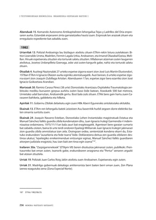 214 · MEMORIA PARTEKATU BATERANTZ
| TESTUINGURUAN KRONOLOGIA: INDARKERIA-GERTAKARI BATZUK |
Abenduak 15. Komando Autonomo Antikapitalisten lehergailua Tejas y Ladrillos del Oria enpre-
saren aurka. Eztandak enpesaren zinta garraiatzailea hautsi zuen. Enpresak lan arazoak zituen eta
erregulazio espediente bat zabaldu zuen.
1982
Urtarrilak 13. Polizial Andoaingo lau bizilagun atxilotu zituen ETAm-rekin lotura zutelakoan: Bi-
ttor Lizarralde Urreta, Madrilen, Fermín Lagala Urkia, Andoainen, eta Imanol Olazabal Ezeiza, Meli-
llan. Hiruak espetxeratu zituzten eta torturak salatu zituzten. Villabonan atzeman zuten laugarren
atxilotua, Josetxo Urdanpilleta Goenaga, aske utzi zuten kargurik gabe, nahiz eta torturak salatu
zituen.
Otsailak 4. Auzitegi Nazionalak 27 urteko espetxe zigorra ezarri zion José Luis Martín Elustondori,
1978an ETAm-k Ignacio Olaizen aurka eginiko atentatuagatik. Auzi berean, 6 urteko espetxe zigo-
rra ezarri zion Joaquín Zubillaga Artolari. Abenduaren 17an, espetxe zigor bera ezarriko zion José
Ignacio Goikoetxea Arandiari.
Martxoak 30. Ramiro Carasa Pérez (38 urte) Donostiako Arantzazu Ospitaleko Traumatologia zer-
bitzuko mediku buruaren gorpua aurkitu zuten baso bide batean, Xoxokatik 500 bat metrora,
Urnietako udal barrutian, Andoaindik gertu. Bost bala zulo zituen. ETAk bere gain hartu zuen Ca-
rasaren bahiketa, galdeketa eta hilketa.
Apirilak 11. Gobernu Zibilak debekatu egin zuen HBk Aberri Egunerako antolatutako ekitaldia.
Ekainak 13. ETAm-ren lehergailu batek Leizotzen Asu baserritik hurbil zegoen dorre elektriko ba-
ten oinarria suntsitu zuen.
Ekainak 24. Joaquín Navarro Esteban, Donostiako Lehen Instantziako magistratuak Estatua eta
Manuel Sánchez Vallés guardia zibila kondenatzen ditu, Juan Ignacio Irulegi Garmendia ri indem-
nizazioa ordaintzera, 1975/11/11an bala zauri bat eragiteagatik. Agenteari bere garaian sumario
bat zabaldu zioten, baina bi urte terdi ondoren Epaitegi Militarrak Juan Ignacio Irulegiri jakinarazi
zion guardia zibila amnistiatua izan zela. Oraingoan ordea, sententziak kondena ekarri du, Esta-
tuko erakundeen“ausarkeria eta fede txarra”bide. Deklaratzera deitua zen guardia zibilaren des-
tinoa ukatuz, “epaitegiko errekerimenduei entzungor eginaz, Manuel Sánchez Vallés guardiaren
aitorpen judiziala eragotziz, hau izan bait zen tiroa egin zuena”187
.
Irailaren 30a. “Zazpigarrenekoek” (ETApm VII) beren disoluzioa jakinarazi zuten, publikoki. Pren-
tsaurreko bat eman zuten, txanorik gabe, erakundearen anagrama eta “Pertur” zenaren argazki
bat atzean zituztela.
Urriak 19. Poliziak Juan Carlos Roig Jalón atxilotu zuen Andoainen. Espetxeratu egin zuten.
Urriak 31. Madrilgo gobernuak dekalogo antiterrorista berri baten berri eman zuen, Zen Plana
izenez ezagutuko zena (Zona Especial Norte).
187	 El País 1982/06/25.
 