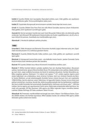 216 · MEMORIA PARTEKATU BATERANTZ
| TESTUINGURUAN KRONOLOGIA: INDARKERIA-GERTAKARI BATZUK |
Irailak 6. Guardia Zibilak José Jauregialzo Oyarzabal atxilotu zuen. Aske gelditu zen epailearen
aurrean deklaratu gabe. Tortura psikologikoa salatu zuen.
Irailak 27. Espainiako Kongresuak terrorismoaren aurkako beste lege bat onartu zuen.
Urriak 11. Guardia Zibilak Clara Pavo Tena eta Julio Mirón González atzeman zituen Andoainen.
Aske gelditu ziren epailearen aurretik igaro gabe.
Azaroak 22. Herrian jarraipen handia izan zuen Santi Brouarden hilketa dela–eta deitutako greba
orokorrak. Santi Brouard HB koalizioaren bozeramailea zen Eusko Legebiltzarrean, eta 65 urte zi-
tuen GALek hil zuenean. Asanblada eta manifestaldia egin ziren.
Abenduak 1. Herriko bi udaltzain atxilotu zituzten.
1985
Urtarrilak 3. Talde Armatuen eta Elementu Terroristen Aurkako Legea indarrean sartu zen, Espai-
niako konstituzioaren 55.2 artikulua garatzen duena.
Martxoak 9. Guardia Zibilak Ricardo Callao atxilotu zuen. Aske gelditu zen epailearen aurretik
igaro gabe.
Maiatzak 3. Ezezagunek lurrera bota zuten –eta balkoiko masta hautsi– jaietan Zumeako Santa
Krutz ermitara doan alardean jartzen den bandera.
Ekainak 19. Guardia Zibilak Jesús María Arizmendi Urretabizkaia atxilotu zuen.
Ekainak 7. BVEko hainbat kideren aurkako epaiketa hasi zen Auzitegi Nazionalean. Akusatuen
aulkian, besteak beste, Ignacio María Iturbide Alcain Piti andoaindarra eta Ladislao Zabala Solcha-
ga eseri ziren, zazpi erailketa burutzeaz eta beste bi saiatzeaz akusatuta, hainbat desordena pu-
bliko eragiteaz gainera. Ekainaren 11n irakurri zen epaian,190
231 urteko espetxe zigorra ezarri
zioten bakoitzari, eta urtebetekoa, Jesús Jiménez Cortázar, José Luis Jiménez Clavería eta Beni-
to Santos Medinari, armak edukitzeagatik (Iturbide hamar urteren buruan irten zen espetxetik.
1998/03/09an, berriro atzeman zuten, Valentzian, bi lagunekin batera, ihesean lurrera bota zuen
poltsan pistola bat, munizioa, ileorde bat, defentsa pulberizatzaile bat eta bahiketetan erabiltzen
den buru estalki horietako bat zeramatzala. Epaileak behin–behinean utzi zituen aske191
. 2001eko
irailean, berriro agertu zen egunkarietan haren izena, Nafarroako atrakatzaile talde bati lotua. Ha-
mabi urte geroago, 2013ko ekainean, hilik agertu zen Bilbo inguruko inguru menditsu batean.
Ladislao Zabala Solchaga 2015eko uztailaren 30ean hil zen).
Abenduak 18. Protestak, manifestaldiak eta kargak izan ziren, hilaren 15an Bidasoa ibaian, Guar-
dia Zibilak atxilotu eta hainbat egunetara, Mikel Zabalza Garate (32 urtekoa) hilik agertu zelako
deitutako greba orokorraren baitan.
190	 Auzitegi Nazionaleko Arlo Penaleko Aretoko II. Sekzioa. 32. epaia, 1985/06/11.
191	 El País, 1998/03/14.
 