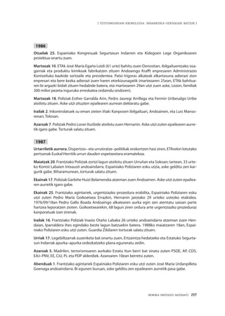 MEMORIA PARTEKATU BATERANTZ · 217
| TESTUINGURUAN KRONOLOGIA: INDARKERIA-GERTAKARI BATZUK |
1986
Otsailak 25. Espainiako Kongresuak Segurtasun Indarren eta Kidegoen Lege Organikoaren
proiektua onartu zuen.
Martxoak 10. ETAk José María Egaña Loidi (61 urte) bahitu zuen Donostian, ibilgailuentzako osa-
garriak eta produktu kimikoak fabrikatzen zituen Andoaingo Krafft enpresaren Administrazio
Kontseiluko bazkide sortzaile eta presidentea. Patxi Irígoras alkateak elkartasuna adierazi zion
enpresari eta bere kezka adierazi zuen haren etorkizunagatik (martxoaren 25ean, ETAk bahitua-
ren bi argazki bidali zituen hedabide batera, eta martxoaren 29an utzi zuen aske, Lezon, familiak
300 milioi pezeta inguruko erreskatea ordaindu ondoren).
Martxoak 18. Poliziak Esther Garralda Arin, Pedro Jauregi Arrillaga eta Fermín Uribesalgo Uribe
atxilotu zituen. Aske utzi zituzten epailearen aurrean deklaratu gabe.
Irailak 2. Inkontrolatuek su eman zieten Iñaki Kanposen ibilgailuari, Andoainen, eta Luis Manso-
renari, Tolosan.
Azaroak 7. Poliziak Pedro Loran Iturbide atxilotu zuen Hernanin. Aske utzi zuten epailearen aurre-
tik igaro gabe. Torturak salatu zituen.
1987
Urtarriletik aurrera. Dispertsio– eta urrutiratze–politikak orokortzen hasi ziren, ETArekin lotutako
pertsonak Euskal Herritik urrun dauden espetxeetara eramatekoa.
Maiatzak 20. Frantziako Poliziak zortzi lagun atxilotu zituen Urruñan eta Sokoan; tartean, 33 urte-
ko Kontxi Labaien Intxausti andoaindarra. Espainiako Poliziaren esku utzia, aske gelditu zen kar-
gurik gabe. Biharamunean, torturak salatu zituen.
Ekainak 17. Poliziak Garbiñe Huizi Belamendia atzeman zuen Andoainen. Aske utzi zuten epailea-
ren aurretik igaro gabe.
Ekainak 25. Frantziako agintariek, urgentziazko prozedura erabilita, Espainiako Poliziaren esku
utzi zuten Pedro María Goikoetxea Errazkin, Hernanin jaiotako 29 urteko ustezko etakidea.
1976/09/18an Pedro Gallo Boada Andoaingo alkatearen aurka egin zen atentatu saioan parte
hartzea leporatzen zioten. Goikoetxearekin, 68 lagun ziren ordura arte urgentziazko prozeduraz
kanporatuak izan zirenak.
Irailak 16. Frantziako Poliziak Inaxio Otaño Labaka 26 urteko andoaindarra atzeman zuen Hen-
daian, Iparraldera ihes egindako beste lagun batzuekin batera. 1988ko maiatzaren 18an, Espai-
niako Poliziaren esku utzi zuten. Guardia Zibilaren torturak salatu zituen.
Urriak 17. Legebiltzarrak zuzenketa bat onartu zuen, Ertzaintza hedatzeko eta Estatuko Segurta-
sun Indarrak apurka–apurka ordezkatzeko plana eguneratu zedin.
Azaroak 5. Madrilen, terrorismoaren aurkako Estatu Itun berri bat sinatu zuten PSOE, AP, CDS,
EAJ–PNV, EE, CiU, PL eta PDP alderdiek. Azaroaren 10ean berretsi zuten.
Abenduak 1. Frantziako agintariek Espainiako Poliziaren esku utzi zuten José María Urdanpilleta
Goenaga andoaindarra. Bi egunen buruan, aske gelditu zen epailearen aurretik pasa gabe.
 