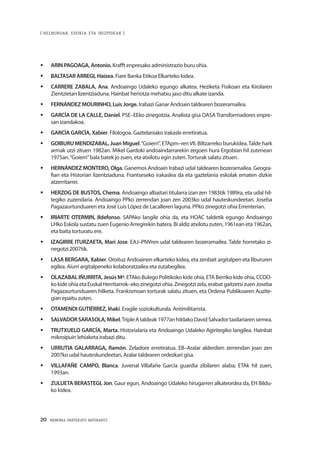 20 · MEMORIA PARTEKATU BATERANTZ
| HELBURUAK, EDUKIA ETA IRIZPIDEAK |
ƒƒ ARIN PAGOAGA, Antonio. Krafft enpresako administrazio buru ohia.
ƒƒ BALTASAR ARREGI, Haizea. Fiare Banka Etikoa Elkarteko kidea.
ƒƒ CARRERE ZABALA, Ana. Andoaingo Udaleko egungo alkatea. Heziketa Fisikoan eta Kirolaren
Zientzietan lizentziaduna. Hainbat heriotza mehatxu jaso ditu alkate izanda.
ƒƒ FERNÁNDEZ MOURINHO, Luis Jorge. Irabazi Ganar Andoain taldearen bozeramailea.
ƒƒ GARCÍA DE LA CALLE, Daniel. PSE–EEko zinegotzia. Analista gisa OASA Transformadores enpre-
san izandakoa.
ƒƒ GARCÍA GARCÍA, Xabier. Filologoa. Gaztelaniako irakasle erretiratua.
ƒƒ GOIBURU MENDIZABAL, Juan Miguel.“Goierri”, ETApm–renVII. Biltzarreko burukidea.Talde hark
armak utzi zituen 1982an. Mikel Gardoki andoaindarrarekin zegoen hura Ergobian hil zutenean
1975an.“Goierri”bala batek jo zuen, eta atxilotu egin zuten.Torturak salatu zituen.
ƒƒ HERNÁNDEZ MONTERO, Olga. Ganemos Andoain Irabazi udal taldearen bozeramailea. Geogra-
fian eta Historian lizentziaduna. Frantseseko irakaslea da eta gaztelania eskolak ematen dizkie
atzerritarrei.
ƒƒ HERZOG DE BUSTOS, Chema. Andoaingo albaitari titularra izan zen 1983tik 1989ra, eta udal hil-
tegiko zuzendaria. Andoaingo PPko zerrendan joan zen 2003ko udal hauteskundeetan. Joseba
Pagazaurtunduaren eta José Luis López de Lacalleren laguna. PPko zinegotzi ohia Errenterian.
ƒƒ IRIARTE OTERMIN, Ildefonso. SAPAko langile ohia da, eta HOAC taldetik egungo Andoaingo
LHko Eskola sustatu zuen Eugenio Arregirekin batera. Bi aldiz atxilotu zuten, 1961ean eta 1962an,
eta baita torturatu ere.
ƒƒ IZAGIRRE ITURZAETA, Mari Jose. EAJ–PNVren udal taldearen bozeramailea. Talde horretako zi-
negotzi 2007tik.
ƒƒ LASA BERGARA, Xabier. Oroituz Andoainen elkarteko kidea, eta zenbait argitalpen eta libururen
egilea. Aiurri argitalpeneko kolaboratzailea eta zutabegilea.
ƒƒ OLAZABAL IÑURRITA, Jesús Mª. ETAko Bulego Politikoko kide ohia, ETA Berriko kide ohia, CCOO-
kokideohiaetaEuskalHerritarrok–ekozinegotziohia.Zinegotzizela,erabatgaitzetsizuenJoseba
Pagazaurtunduaren hilketa. Frankismoan torturak salatu zituen, eta Ordena Publikoaren Auzite-
gian epaitu zuten.
ƒƒ OTAMENDI GUTIÉRREZ, Iñaki. Eragile soziokulturala. Antimilitarista.
ƒƒ SALVADORSARASOLA,Mikel.TripleAtaldeak1977anhildakoDavidSalvadortaxilariarensemea.
ƒƒ TRUTXUELO GARCÍA, Marta. Historialaria eta Andoaingo Udaleko Agiritegiko langilea. Hainbat
mikroipuin lehiaketa irabazi ditu.
ƒƒ URRUTIA GALARRAGA, Ramón. Zeladore erretiratua. EB–Aralar alderdien zerrendan joan zen
2007ko udal hauteskundeetan, Aralar taldearen ordezkari gisa.
ƒƒ VILLAFAÑE CAMPO, Blanca. Juvenal Villafañe García guardia zibilaren alaba; ETAk hil zuen,
1993an.
ƒƒ ZULUETA BERASTEGI, Jon. Gaur egun, Andoaingo Udaleko hirugarren alkateordea da, EH Bildu-
ko kidea.
 