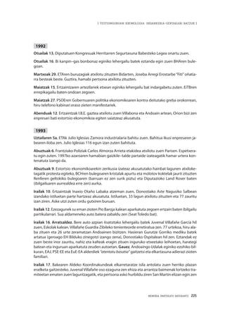 MEMORIA PARTEKATU BATERANTZ · 221
| TESTUINGURUAN KRONOLOGIA: INDARKERIA-GERTAKARI BATZUK |
1992
Otsailak 13. Diputatuen Kongresuak Herritarren Segurtasuna Babesteko Legea onartu zuen.
Otsailak 16. Bi kanpin–gas bonbonaz eginiko lehergailu batek eztanda egin zuen BHAren bule-
goan.
Martxoak 29. ETAren buruzagiak atxilotu zituzten Bidarten, Joseba Arregi Erostarbe“Fiti”oñatia-
rra besteak beste. Guztira, hamabi pertsona atxilotu zituzten.
Maiatzak 15. Ertzaintzaren artezilariek etxean eginiko lehergailu bat indargabetu zuten. EiTBren
errepikagailu baten ondoan zegoen.
Maiatzak 27. PSOEren Gobernuaren politika ekonomikoaren kontra deitutako greba orokorrean,
hiru telefono kabinari eraso zieten manifestariek.
Abenduak 12. Ertzaintzak I.B.E. gaztea atxilotu zuen Villabona eta Andoain artean, Orion bizi zen
enpresari bati estortsio ekonomikoa egiten saiatzeaz akusatuta.
1993
Uztailaren 5a. ETAk Julio Iglesias Zamora industrialaria bahitu zuen. Bahitua Ikusi enpresaren ja-
bearen iloba zen. Julio Iglesias 116 egun izan zuten bahituta.
Abuztuak 6. Frantziako Poliziak Carlos Almorza Arrieta etakidea atxilotu zuen Parisen. Espetxera-
tu egin zuten. 1997ko azaroaren hamabian gaizkile–talde partaide izateagatik hamar urtera kon-
tenatuta izango da.
Abuztuak 9. Estortsio ekonomikoarekin zerikusia izateaz akusatutako hainbat lagunen atxiloke-
tagatik protesta egiteko, BCHren bulegoaren kristalak apurtu eta molotov koktelak jaurti zituzten
Renferen geltokiko bulegoaren (barruan ez zen surik piztu) eta Diputazioko Land Rover baten
(ibilgailuaren aurrealdea erre zen) aurka.
Irailak 10. Ertzaintzak Inaxio Otaño Labaka atzeman zuen, Donostiako Aste Nagusiko Salbean
izandako istiluetan parte hartzeaz akusatuta. Istiluetan, 33 lagun atxilotu zituzten eta 77 zauritu
izan ziren. Aske utzi zuten ordu gutxiren buruan.
Irailak 12. Ezezagunek su eman zioten Pío Baroja kalean aparkatuta zegoen ertzain baten ibilgailu
partikularrari. Sua aldameneko auto batera zabaldu zen (Seat Toledo bat).
Irailak 16. Arratsaldez. Bere auto azpian itsatsitako lehergailu batek Juvenal Villafañe García hil
zuen, Eskolak kalean. Villafañe Guardia Zibileko tenienteorde erretiratua zen. 77 urtekoa, hiru ala-
ba zituen eta 26 urte zeramatzan Andoainen bizitzen. Hasieran Gurutze Gorriko mediku batek
artatua (geroago EH Bilduko zinegotzi izango zena), Donostiako Ospitalean hil zen. Eztandak ez
zuen beste inor zauritu, nahiz eta kalteak eragin zituen inguruko etxeetako leihoetan, harategi
batean eta inguruan aparkatuta zeuden autoetan. Gauez. Andoaingo Udalak eginiko ezohiko bil-
kuran, EAJ, PSE-EE eta EuE-EA alderdiek “atentatu basatia” gaitzetsi eta elkartasuna adierazi zioten
familiari.
Irailak 17. Bakearen Aldeko Koordinakundeak elkarretaratze isila antolatu zuen herriko plazan
erailketa gaitzesteko. Juvenal Villafañe oso ezaguna zen ehiza eta arrantza baimenak lortzeko tra-
miteetan ematen zuen laguntzagatik, eta pertsona asko hurbildu ziren San Martin elizan egin zen
 