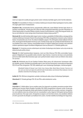 MEMORIA PARTEKATU BATERANTZ · 229
| TESTUINGURUAN KRONOLOGIA: INDARKERIA-GERTAKARI BATZUK |
1999
José Luis López de Lacalle jomugan jartzen zuten mehatxu kartelak agertu ziren herriko kaleetan.
Otsailak 13. Goizaldeko 01:45ean, bi molotov koktel jaurti zituzten Bake Epaitegiaren kontra, kalte-
rik eragin gabe haren instalazioetan.
Otsailaren 28a. Jaurlaritzako barne–arazoetarako sailburuak, Javier Balzak, berretsi egin zituen ur-
tarrilean esandakoak: “Hasiak gara PSE–EEko eta UAko zinegotziak babesteko neurriak artikulatzen, ez
Polizia Nazionalak ez Guardia Zibilak ez baititu hautetsi horiek babesten, soilik PPko karguak baizik, eta
hau ez da kritika bat. Laster izango dute Ertzaintzaren babesa kargu guztiek”204
.
Martxoak28.Aurretikhainbataldiziragarrizutenmoduan,goizaldeko05:00akaldera,ezezaguneklau
molotovkokteljaurtizituztenEstanisAmuchasteguiPSE–EEkozinegotziarenetxearenaurka,Zuberoa
kalean. Emaztearekin eta 25 eta 18 urteko bi alabekin zegoen. Hiru lehergailu etxeko balkoian lehertu
ziren,etalaugarrenakfatxadarenkontrajozuen.Familiaesnatueginzenzarataketakeakikaratuta,eta
sua itzaltzea lortu zuten. Gainera, erasotzaileek beste bi molotov koktel jaurti zituzten etxe atariaren
ondoan aparkatuta zegoen familiaren ibilgailuaren barrura (Renault 21). Kiskalita gelditu zen.
Maiatzak 11. Ertzaintza errenta ordaintzeari utzi zioten Andoaingo etxe batean sartu eta armak eta
dokumentuak aurkitu zituen.
Ekainak 12. Udal hauteskundeen bezperan, José Luis Vela Arburua PSE–EEko zerrendako hauta-
gaiaren ibilgailuaren lau gurpilak zulatu zituzten. Egun berean, mozorroz eta buzo zuriz jantzitako
pertsona talde batek elkarretaratzea egin zuen pankarta baten atzean José Luis Velaren etxe ataria-
ren aurrean.
Irailak 28. Minbiziak jota hil zen Esteban Esteban Nieto preso ohi tolosarraren heriotzaren albis-
tea zabaldu zenean, kartelak eta pintadak agertu ziren herrian heriotzaren erantzukizuna leporatuz
PSE–EE eta PPko zinegotziei. PSE–EEk salaketa jarri zuen Andoaingo Epaitegian, mehatxuengatik:
Hiltzaileak! Esteban hil duzue!: Juan Carlos Cano. Vanesa Vélez. María Nieves Zumeta. Francisco Luis
Vía. Juan Luis (José Luis) López de Lacalle (Ermuko Foroko kidea). José Antonio Pérez Gabarain. Gemma
Zabaleta. Estanislao Amuchastegui. José Luis Vela.
Irailak 29. PSE–EEk bere zinegotzien aurkako mehatxuak salatu zituen Andoaingo Epaitegian.
Abenduak 31. Pintada gehiago PSE–EE eta PPko udal ordezkarien aurka.
2000
Urtarrilak 4. 21:00ak aldera, burua estalita zuten hiru lagunek sua pizteko prestatuta zeuden leher-
gailuak jaurti zituzten María Ángeles González PSE–EEko zinegotziaren etxearen aurka, Arrate pla-
zan. Lehenengo lehergailuak etxeko gela bateko kristalak hautsi eta sua piztu zuenean, zinegotzia-
ren ama balkoira atera eta oihuka hasi zen erasotzaileen aurka, bigarren lehergailu bat jaurtitzeko
prest zeudenean. Ihes egin zuten. Zinegotzia ez zegoen une horretan etxean, eta sukaldean afaltzen
ari ziren gurasoek eta ahizpak sua itzaltzea lortu zuten, mantak erabilita eta bizilagunen laguntzaz.
204	 El Diario Vascon jasotako elkarrizketa, 1999/02/28.
 