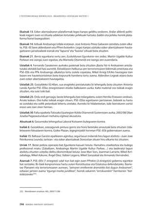 244 · MEMORIA PARTEKATU BATERANTZ
| TESTUINGURUAN KRONOLOGIA: INDARKERIA-GERTAKARI BATZUK |
Ekainak 13. Ezker abertzalearen plataformak legez kanpo gelditu ondoren, Aralar alderdi politi-
koak iragarri zuen ez zituela udaletan lortutako jarlekuak hartuko, baldin eta jarleku horiek plata-
forma horiei bazegozkien.
Ekainak 14. Istiluak Andoaingo Udala eratzean. José Antonio Pérez Gabarain izendatu zuten alka-
te, PSE–EE bere alderdiaren eta PPren botoekin. Legez kanpo utzitako ezker abertzalearen hauta-
gaitzaren jarraitzaileek irainak eta“lapurra”eta“faxista”oihuak bota zituzten.
Ekainak 21. Berria egunkaria sortu zen, Euskaldunon Egunkaria–ren ordez. Martin Ugalde Kultur
Parkean ere izango zuen egoitza, eta Martxelo Otamendi ere izango zen zuzendaria.
Uztailak 4. Fernando Savaterren aurkako paskinak bota zituzten ¡Basta Ya!–k Andoainen antola-
tutako ekitaldi bat hasi aurretik. Ekitaldiaren helburua zen terrorismoaren biktimak omentzea eta
PSE–EEk eta PPk Andoaingo alkatetza lortu zutela ospatzea, Mikel Arregi EAJko hautagaia izan
bazen ere hautetsontzietan boto kopururik handiena lortu zuena. Alderdien Legeak atzera bota
zuen ezker abertzalearen hautagaitza.
Uztailak 25. Goizaldeko 02:40an, sua eragiteko prestatutako bi lehergailu bota zituzten Antonia
Landa Ayerbe PSE–EEko zinegotziaren etxeko balkoiaren aurka. Kalte material oso txikiak eragin
zituzten, eta sute txiki bat.
Uztailak 25. Ordu erdi geroago, beste lehergailu bat indargabetu zuten Herriko Etxearen ondoan,
Arrate kalean. Oso kalte txikiak eragin zituen, PSE–EEko egoitzaren pertsianan, bidoiek su hartu
ez zutelako eta soilik petardoak lehertu zirelako. Aurreko bi hilabeteetan, kale borrokaren zortzi
eraso saio izan ziren herrian.
Uztailak 30. Falta epaiketaTolosako Epaitegian Koldo Otamendi Gutierrezen aurka, 2002/08/28an
Joseba Pagazautunduari mehatxu egiteaz akusatuta.
Abuztuak 6. Gezurrezko lehergailua Laboral Kutxaren bulegoaren kontra.
Irailak 8. Goizaldean, ezezagunek pintura gorriz eta horiz betetako arrautzak bota zituzten Uda-
letxearen fatxadaren kontra, Goiko Plazan, legegintzaldi horretan PSE–EEk gobernatzen zuena.
Irailak 15. Baltasar Garzón epailearen aginduz, segurtasun indarrek hiru lagun atxilotu –Juan Joxe
Petrikorena Leunda, tartean– eta ezker abertzaleak Donostian zituen hiru elkarte itxi zituzten.
Urriak 17. Beste polizia operazio bat Egunkaria kasuari lotuta. Hamahiru etxebizitza eta bulego
profesional miatu (Zabaltzen, Andoaingo Martin Ugalde Kultur Parkea…) eta bederatzi lagun
atxilotu zituzten ustezko delitu ekonomikoei lotuta: Joxe Mari Sors, Joanmari Larrarte, Mikel Arri-
zabalaga, Mikel Azkune, Ángel Díez, Xabier Legarra, Mikel Sorozabal eta Armando Hernández.
Azaroak 7. PSE–EEk (7 zinegotzi) udal itun bat egin zuen PPrekin (2 zinegotzi) gobernu egonkor
bat sortzeko. Bi–biek konpromisoa hartu zuten Konstituzioa eta Estatutua defendatzeko, Ibarre-
txe Planaren eta terrorismoaren aurrean, “zeinaren erreferente dramatiko bat dugun Andoainen”,
ezbaian jartzen zuena “egungo marko juridikoa”, horrek zakarren “arriskuarekin” herritarren “bizi-
kidetzarako”232
.
232	 Akordioaren sinadura. Abc, 2003/11/08.
 