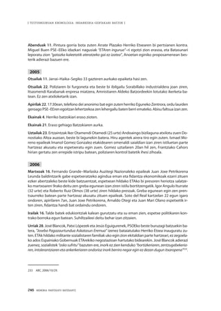 246 · MEMORIA PARTEKATU BATERANTZ
| TESTUINGURUAN KRONOLOGIA: INDARKERIA-GERTAKARI BATZUK |
Abenduak 11. Pintura gorria bota zuten Arrate Plazako Herriko Etxearen bi pertsianen kontra.
Miguel Buen PSE–EEko idazkari nagusiak “ETAren ingurua”–ri egotzi zion erasoa, eta Batasunari
leporatu zion “gatazka kaleetatik ateratzeko gai ez izatea”, Anoetan eginiko proposamenean bes-
terik adierazi bazuen ere.
2005
Otsailak 11. Jarrai–Haika–Segiko 33 gazteren aurkako epaiketa hasi zen.
Otsailak 22. Poliziaren bi furgoneta eta beste bi ibilgailu Sorabillako industrialdera joan ziren,
Itsasmendi Karabanak enpresa miatzera, Amnistiaren Aldeko Batzordeekin lotutako ikerketa ba-
tean. Ez zen atxiloketarik izan.
Apirilak 22. 17:30ean, telefono dei anonimo bat egin zuten herriko Eguneko Zentrora, ordu laurden
geroago PSE–EEren egoitzan lehertzekoa zen lehergailu baten berri emateko. Abisu faltsua izan zen.
Ekainak 4. Herriko batzokiari eraso zioten.
Ekainak 21. Eraso gehiago Batzokiaren aurka.
Uztailak 23. Ertzaintzak Iker Otamendi Otamedi (25 urte) Andoaingo bizilaguna atxilotu zuen Do-
nostiako Altza auzoan, beste bi lagunekin batera. Hiru agentek airera tiro egin zuten. Ismael Mo-
reno epaileak Imanol Gomez Gonzalez etakidearen omenaldi saialdian izan ziren istiluetan parte
hartzeaz akusatu eta espetxeratu egin zuen. Gomez uztailaren 20an hil zen, Frantziako Cahors
hirian gertatu zen errepide istripu batean, poliziaren kontrol batetik ihesi zihoala.
2006
Martxoak 16. Fernando Grande–Marlaska Auzitegi Nazionaleko epaileak Juan Joxe Petrikorena
Leunda baldintzarik gabe espetxeratzeko agindua eman eta fidantza ekonomikoak ezarri zituen
ezker abertzaleko beste kide batzuentzat, espetxean hildako ETAko bi presoren heriotza salatze-
ko martxoaren 9rako deitu zen greba egunean izan ziren istilu bortitzengatik. Igor Angulo Iturrate
(32 urte) eta Roberto Ruiz Olmos (38 urte) ziren hildako presoak. Greba egunean egin zen pren-
tsaurreko batean parte hartzeaz akusatu zituen epaileak. Soto del Real kartzelan 22 egun igaro
ondoren, apirilaren 7an, Juan Joxe Petrikorena, Arnaldo Otegi eta Juan Mari Olano espetxetik ir-
ten ziren, fidantza handi bat ordaindu ondoren.
Irailak 16. Talde batek edukiontziak kalean gurutzatu eta su eman zien, espetxe politikaren kon-
trako borroka egun batean. Suhiltzaileei deitu behar izan zitzaien.
Urriak 28. José Blancok, Patxi Lópezek eta Jesús Eguigurenek, PSOEko beste buruzagi batzuekin ba-
tera, “Joseba Pagazaurtundua Askatasun Eremua” izenez bataiatutako Herriko Etxea inauguratu zu-
ten. ETAk hildako militante sozialistaren familiak uko egin zion ekitaldian parte hartzeari, ez zegoela-
ko ados Espainiako Gobernuak ETArekiko negoziazioan hartutako bidearekin. José Blancok adierazi
zuenez, sozialistek “askosufritu” bazuten ere, inork ez zien kenduko “bortizkeriaren,zentzugabekeria-
ren,intolerantziarenetaankerkeriarenondoriozinorkberrironegareginezdezandugunitxaropena”233
.
233	 ABC, 2006/10/29.
 