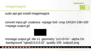 imagemagick
sudo apt-get install imagemagick
convert input.gif -coalesce -repage 0x0 -crop 24X20+138+100
+repage output.gif
montage output.gif -tile x1 -geometry '1x1+0+0<' -alpha On
-background "rgba(0,0,0,0.0)" -quality 100 output2.png
 