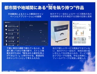 Copyright © Masaya AndoCopyright © Masaya Ando
都市間や地域間にある“間を執り持つ”作品
天体観測によるストレス解消のキャン
ペーンとアプリケーションの提案
千葉と東京の通勤で疲れている人に、夜
遅く帰ってきた千葉の駅で、ストレス発
散を促すために『駅を出たら星空を見上
げてみよう！』と呼びかける、鉄道会社
のキャンペーンとして考えらえれた
地方タクシー会社によるサービス開発の為の
地域理解の手法を検証する活動の記録と提案
自力で新しいサービス開発ができていな
い、地方タクシー会社が、地域交通の担
い手として生き残るための、サービス設
計アプローチを整理。学生は実際に、
フィールドワークを実施し提案した
 