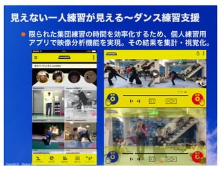 Copyright © Masaya AndoCopyright © Masaya Ando
見えない一人練習が見える～ダンス練習支援
限られた集団練習の時間を効率化するため、個人練習用
アプリで映像分析機能を実現。その結果を集計・視覚化。
 