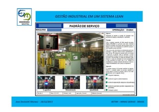 GESTÃO INDUSTRIAL EM UM SISTEMA LEAN

Jose Donizetti Moraes - 19/12/2013

BETIM – MINAS GERAIS - BRASIL

 
