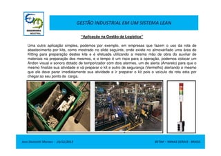 GESTÃO INDUSTRIAL EM UM SISTEMA LEAN
“Aplicação na Gestão da Logística”
Uma outra aplicação simples, podemos por exemplo, em empresas que fazem o uso da rota de
abastecimento por kits, como mostrado no slide seguinte, onde existe no almoxarifado uma área de
Kitting para preparação destes kits e é efetuada utilizando a mesma mão de obra do auxiliar de
materiais na preparação dos mesmos, e o tempo é um risco para a operação, podemos colocar um
Andon visual e sonoro dotado de temporizador com dois alarmes, um de alerta (Amarelo) para que o
mesmo finalize sua atividade e vá preparar o kit e outro de segurança (Vermelho) alertando o mesmo
que ele deve parar imediatamente sua atividade e ir preparar o kit pois o veículo da rota esta por
chegar ao seu ponto de carga.

Jose Donizetti Moraes - 19/12/2013

BETIM – MINAS GERAIS - BRASIL

 