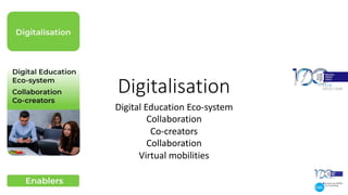 Digitalisation
Digital Education Eco-system
Collaboration
Co-creators
Collaboration
Virtual mobilities
 